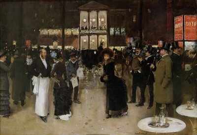 夜のモンマルトル大通り、テアトル デ ヴァリエテの前、1885 年。 作： Jean Beraud