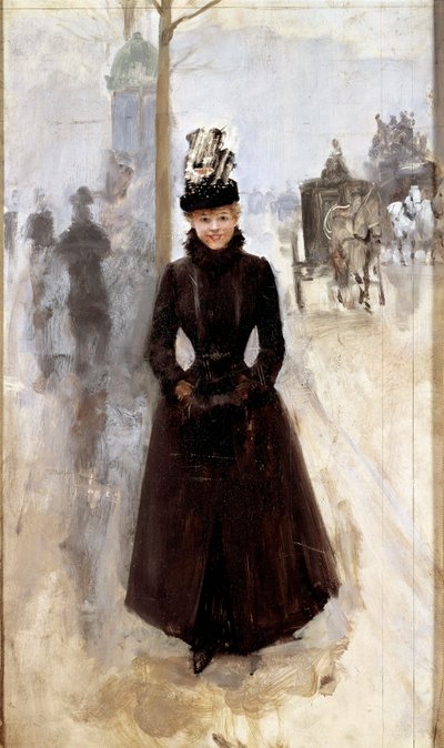 大通りのパリジェンヌ ou woman au manchon ジャン・ベロー（1849-1935）の絵画 19世紀 トゥール、ボザール美術館蔵 作： Jean Beraud