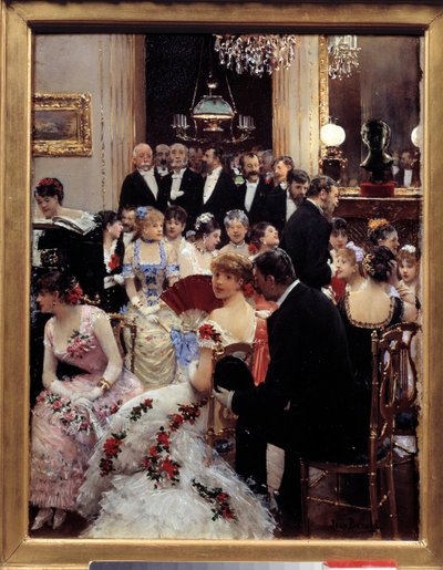 夜の様子。ジャン・ベロー（1849-1936）の絵画。薄暗い。0.35x0.27m。パリ、カルナヴァレ美術館「ソワレ」。木に油彩、0.35x0.27m。パリ、カルナヴァレ美術館。 作： Jean Beraud