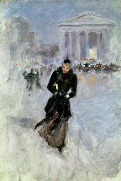 パリ、ロワイヤル通りのボアの前にいる若いエレガントな女性 ジャン・ベロー（1849-1935）の絵画 20世紀 トゥール、ボザール美術館 作： Jean Beraud