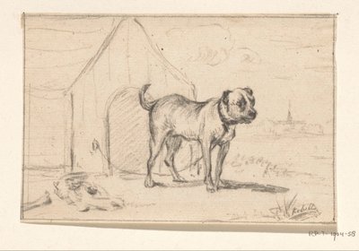 犬小屋の前に立っているひもでつながれた犬 作： Jean Bernard