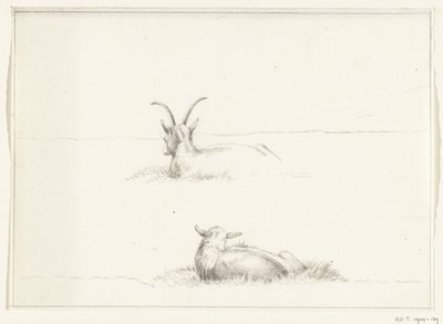横になっているヤギと羊のスケッチ、後ろから 作： Jean Bernard