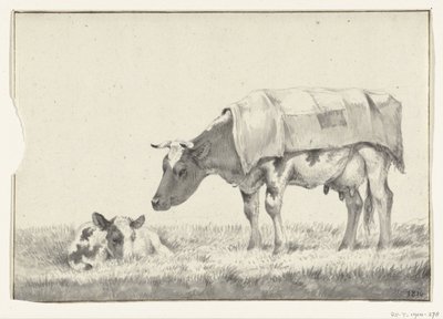横になっている子牛と左に立っている牛 作： Jean Bernard
