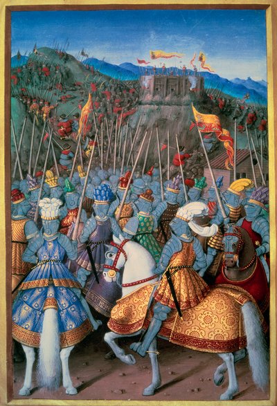 イタリア戦争：1507年に国王ルイ12世（1462-1515）が軍隊を率いてゲネスを攻撃した。ジャン・マロ(1450-1526)の「ジュネスの旅」のミニチュア版、ジャン・ブルディション(1457-1521)による盛り上げ、1510年パリ、B.N. 作： Jean Bourdichon