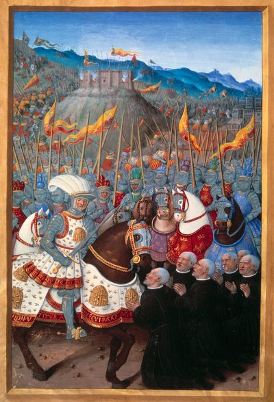 ルイ12世（1462-1515）は、ジェネスから6人のブルジョワを跪かせて受け取った（1507年4月25日）。1508年にジャン・マロが執筆した「Voyage de Genes」（フォリオ20v）に掲載されたジャン・ブルディション（1457?パリ、B N 作： Jean Bourdichon