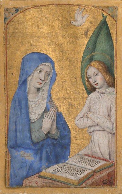 ブックオブアワーズからの受胎告知付き原稿リーフ、ca。 1485-90。 作： Jean Bourdichon