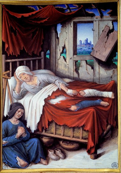 貧しい男の死。瀕死の男の枕元で女性が祈る。ジャン・ブルディション（v.1457-1521）の絵 作： Jean Bourdichon