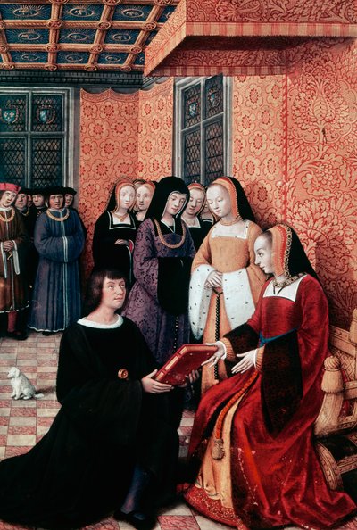 詩人ジャン・マロ（1450-1526）がブルターニュのアンヌ（1477-1514）に『ジェノバへの航海』を手渡す場面（1508年頃）、ジャン・ブルディション（1457-1521）による細密画。フランス 作： Jean Bourdichon
