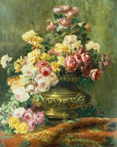 真鍮の壷の中のバラの豪華な静物画（キャンバスに油彩） 作： Jean Capeinick