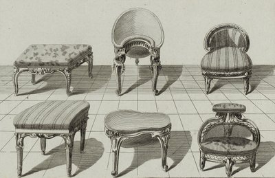 タブーレット、ビデ・ド・トワレ、マルシェピエ、1770年代半ばに出版された（敷紙にエングレービング 作： Jean Charles (after) Delafosse