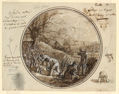 素描、絵付け磁器皿のデザイン、葡萄畑での裁断と作業、1819-20年 作： ジャン・チャールズ・デベリー