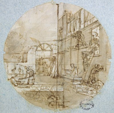 メイソンのワークショップ、さまざまな取引を描いたサービス用のプレートデザイン、c.1820-35（紙にペンとインク、ウォッシュとガッシュ） 作： Jean Charles Develly