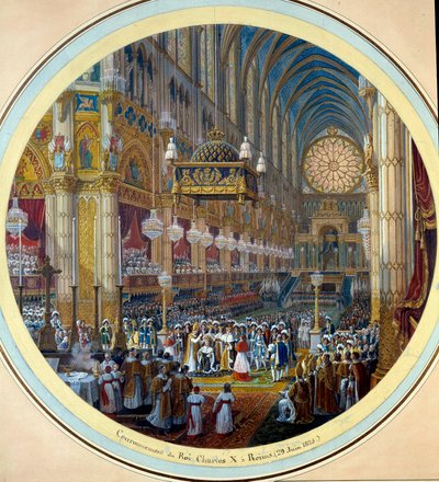 ランスの大聖堂におけるシャルル10世（1757-1836）の戴冠式 1825年5月28日 ジャン・シャルル・ドヴェルリー（1783-1862）によるゲリドン計画のための水彩画 1825年 Diam.0,37m.セーブル磁器製作所 作： Jean Charles Develly