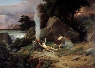 アベル カインの死、嫉妬して弟アベルを殺す。ジャン・シャルル・レモン（1795-1875）による絵画 1838年 日2,65x3,98 m モンペリエ musee Fabre 作： Jean Charles Joseph Rémond