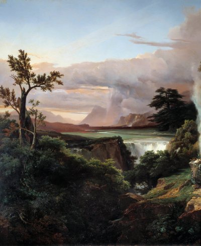 滝のある風景。ジャン・シャルル・レモン（1795-1875）の絵画 作： Jean Charles Joseph Rémond