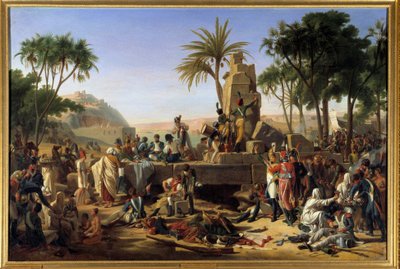 エジプトのキャンペーン（遠征）（1798〜1801年）。"Stop the French army in Syene in Upper Egypt, 2/02/1799" 兵士たちは休んでいる。ジャン・シャルル・タルデュー・ディット・タルデュー・コーシャン（1765-1830）の絵画。1812.ディム。1,12x1,64 m。 作： Jean Charles Tardieu