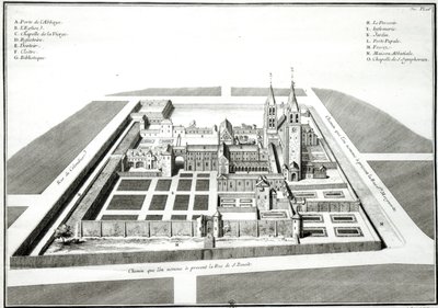 アントワーヌヘリセット（1685-1769）によって刻まれた、1640年より前のサンジェルマンデプレ修道院の眺め 作： Jean Chaufourier