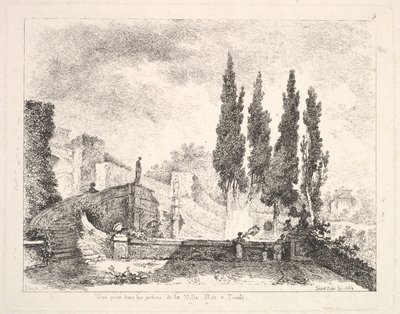 チボリのヴィラデエステにある庭園、キプロスの木々、右側にある階段、1764年。 作： Jean Claude Richard Saint Non