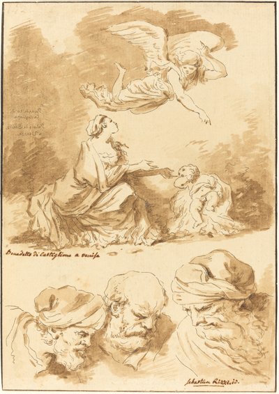 天使に慰められたハガル (カスティリオーネの絵画より) と老人の 3 つの頭 (イエスと姦淫のリッチの絵画より) 作： Jean Claude Richard de Saint Non after Jean Honoré Fragonard