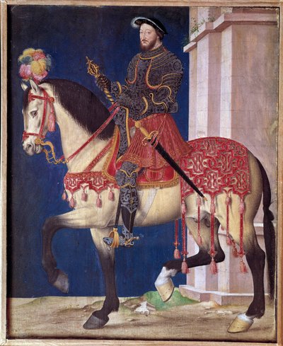 フランソワ1世（1494-1547）の騎馬像。ジャン・クルエ（1475/1485-1540）の流派の絵画 作： Jean Clouet