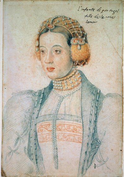 ポルトガルのマヌエル1世とオーストリアのエレオノーレの娘、ポルトガルのメアリー（1521-1578）の肖像。ジャン・クルエ（1475/1485-1540）による黒い石と血のドローイング 作： Jean Clouet