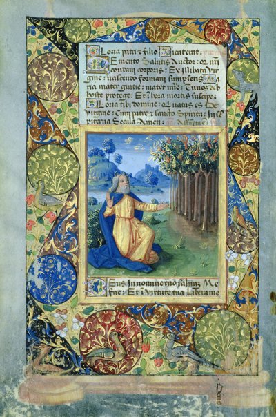 ラットさんQvI126 fol.25v燃える茂みの前のモーセ、ルイ・ドルレアンの時間の書、1490 作： Jean Colombe