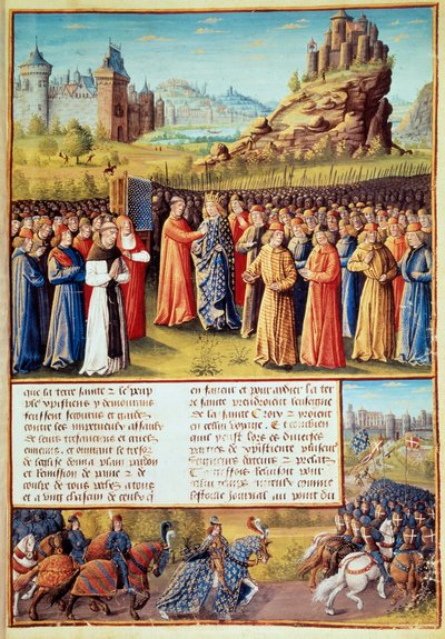 第二次十字軍（1147-1149）。国王ルイ7世（1120-1180）は、1146年3月31日、ヴェズレーにおいて、聖ベルナルド・ド・クレルヴォー（サン・ベルナルド・ディ・キアラヴァル）（1090-1153）とヴェルサイユ宮殿の前で十字架を背負った。また、多くの男爵たちも十字架を背負った。 作： Jean Colombe