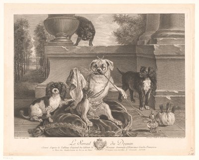 3 匹の犬、1 匹はパティオでドレスアップ Le Serrail du Doguin (オブジェクトのタイトル) 作： Jean Daullé