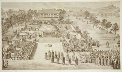 乾隆帝は、ジャックフィリップルが刻んだ中国皇帝の征服を表す一連の版画から、征服されたエレウス（タルタルカルマックス）の名誉を受け取る2 作： Jean Denis Attiret
