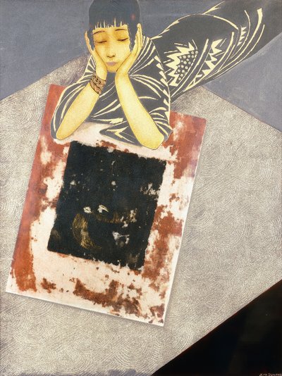 金色の肌色の少女、床に沿って伸び、ひじを支えた 作： Jean Dunand