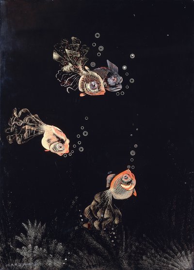 赤と金の魚が気泡を吹く水中シーンを描いた、ジャン・デュナンによる漆塗りのパネル 作： Jean Dunand