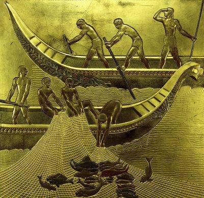 網を引く漁師を描いた漆塗りのパネル 作： Jean Dunand
