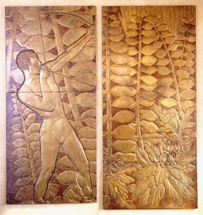 &39;La Chase&39;、c.1935-1949の4つの漆塗りと金箔の木製パネル（漆塗りと金箔の木製パネル） 作： Jean Dunand