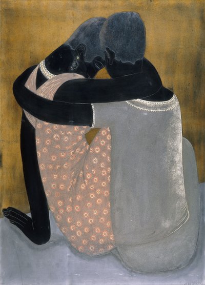 2人の女性が腕を組んで座り、頭を傾けた 作： Jean Dunand