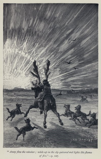 "トナカイが飛び立ち、空には炎のような赤い光が揺れていた」(エングレーヴィング) 作： Jean Edouard Dargent