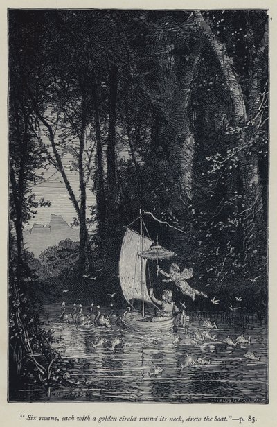 "6羽の白鳥が、それぞれ首に金の輪をつけて船を引いた"(彫刻) 作： Jean Edouard Dargent