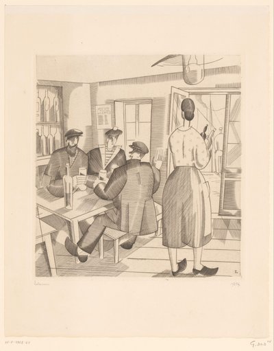 顧客とウェイトレスがいるカフェのインテリア キャバレー・ヴァンデーン 作： Jean Emile Laboureur (signed by artist)