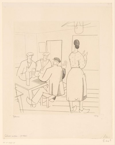 顧客とウェイトレスがいるカフェのインテリア Cabaret vendéen (オブジェクトのタイトル) 作： Jean Emile Laboureur (signed by artist)