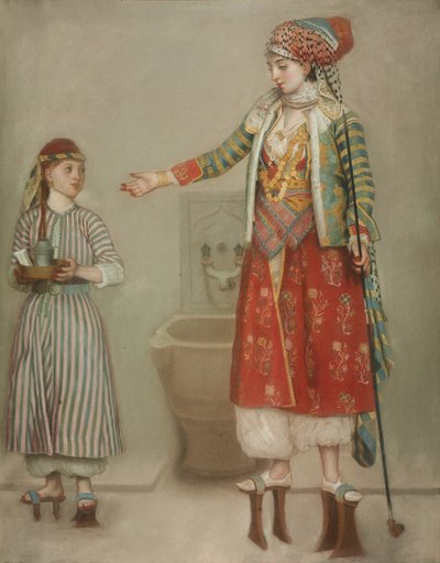 18世紀半ばのハマムで召使いと一緒にトルコの衣装を着た女性。 作： Jean Étienne Liotard