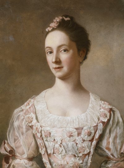 ピンクと白のドレスを着た女性の肖像画、半分の長さ、 作： Jean Étienne Liotard