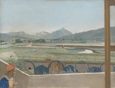 1765-70（羊皮紙）の自画像で、ジュネーブのアーティストのスタジオからモンブラン山塊を望む 作： Jean Étienne Liotard
