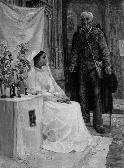 神に捧げる。ジャン・ウジェーヌ・ビュラン（1852-1926）の絵画の後のエングレーヴィング。19世紀の作品。1月1日付「The Illustrous World」1240号に掲載。 作： Jean Eugene Buland