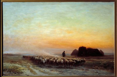 埃にまみれた羊の群れ。ジャン・フェルディナン・シェーグノー（1830-1906）の絵 作： Jean Ferdinand Chaigneau
