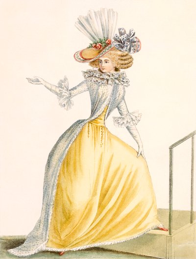 Collerette a la Henri IV、「Galeries des Modes et Costumes Francais」のプレート、c.1778-87 99：衣類。伝統的なドレス;伝統的な衣装;ファッション;お絵かき; c18th;ファシオ 作： Jean Florent Defraine