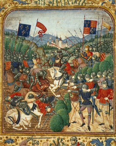 アジンクールの戦い（1415年）。百年戦争では、イングランドのヘンリー5世がフランスのアルマニャック党を破った（ジャン・フーケ著「フランス大年代記」1467～1476年頃）。)ヴィクトリア＆アルバート図書館 作： Jean Fouquet