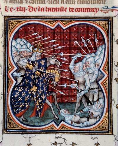 フィリップ4世（1268-1314）とフランドル地方との間のコルトレイクの戦い、いわゆる金の延べ棒の戦い 1302年11月7日 ジャン・フーケ（1420-1481）の15世紀の「フランス大年代記」からのミニチュア。パリ、B.N. 作： Jean Fouquet