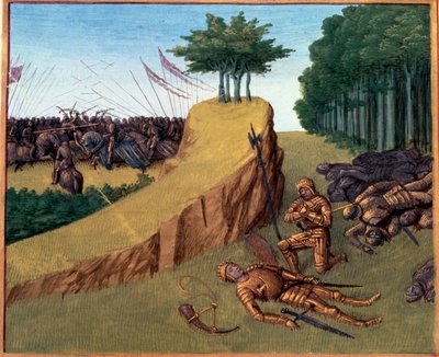 ロンセスヴォーの戦い（778年）。ロランはロンセスヴォーで死去。ジャン・フーケ（141.-147.）の「フランス大年代記」（フォリオ113）のミニチュア。 作： Jean Fouquet