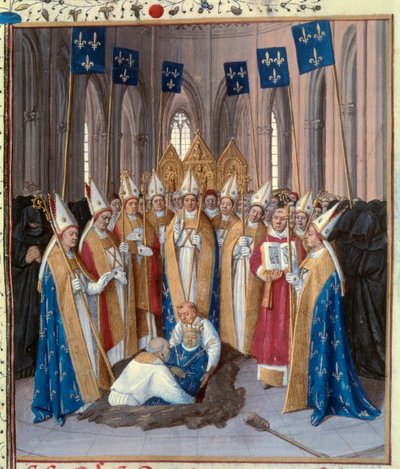 ベル王フィリップ4世（1268-1314）のバシリカ・サン・ドニへの埋葬 ジャン・フーケ（1420-1481）の『サン・ドニ年代記』から引用された15世紀のミニチュア。パリ、B.N. 作： Jean Fouquet