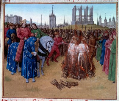 フィリップ2世（フィリップ・アウグスト、1165-1223）の前でのアマウリ派（シャルトルのアマウリの支持者、12世紀のフランスの哲学者・神学者）の非難と拷問。フランス大年代記」の写本（フォリオ236 作： Jean Fouquet