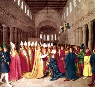 12月25日、ローマで教皇レオ3世によって800世の皇帝シャルルマーニュの戴冠式。 1455-1460 作： Jean Fouquet